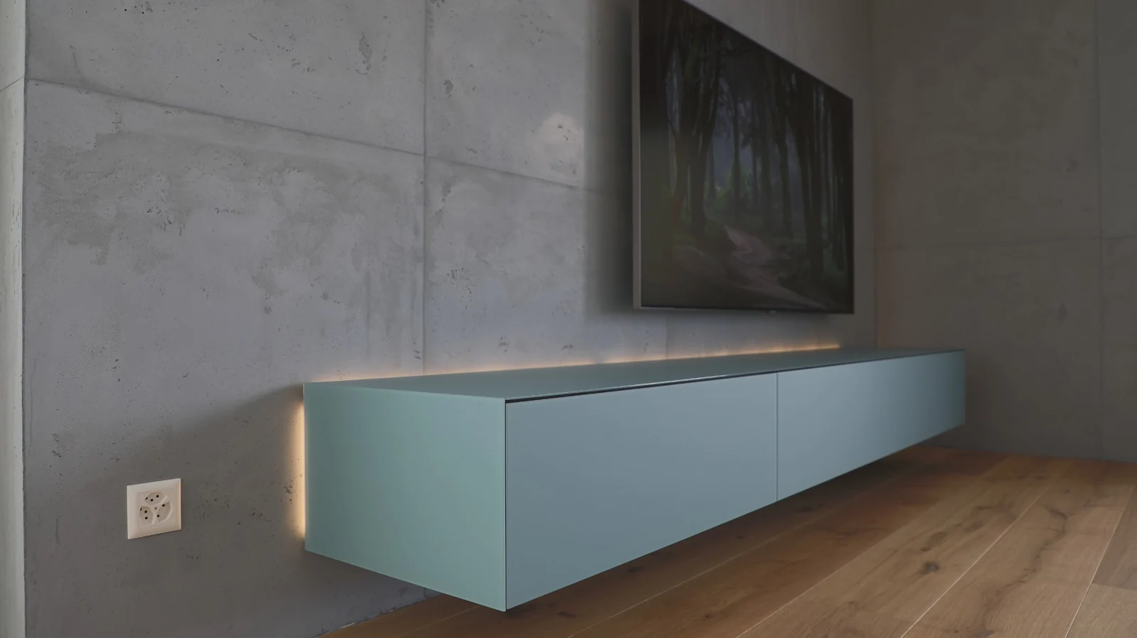 Wand in Betonoptik mit Fugenbild und schwebendem TV-Möbel